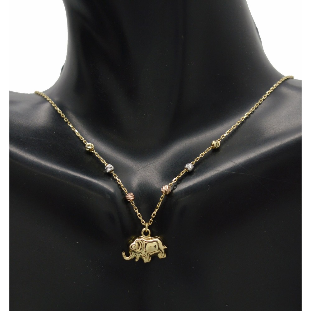 Real 14K Tri-color Gold Beads 16/18" Shiny Elephant Charm Necklace